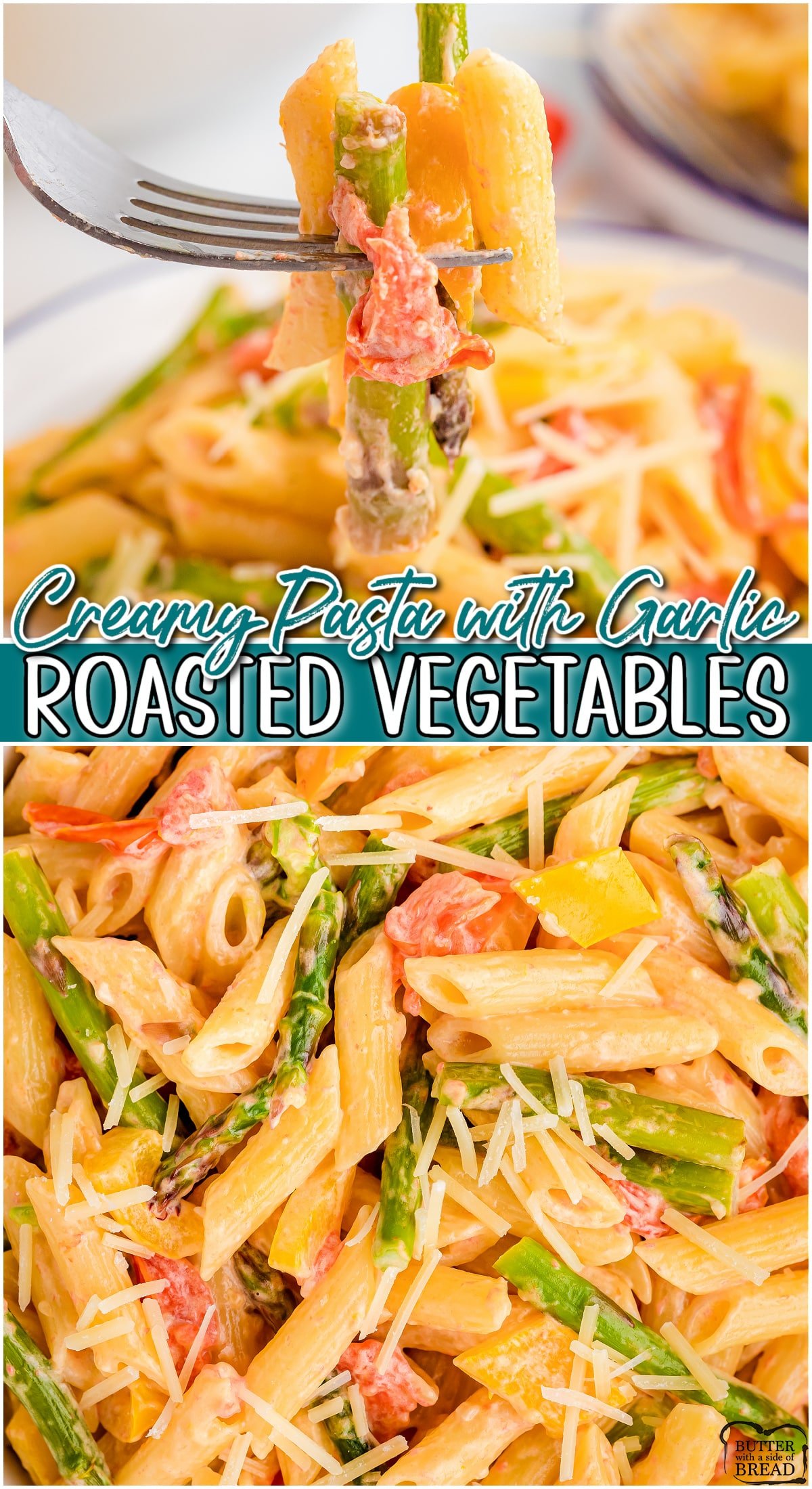 Pasta with Roasted Vegetables is a simple, weeknight pasta dinner loaded with veggies & a creamy garlic sauce! 