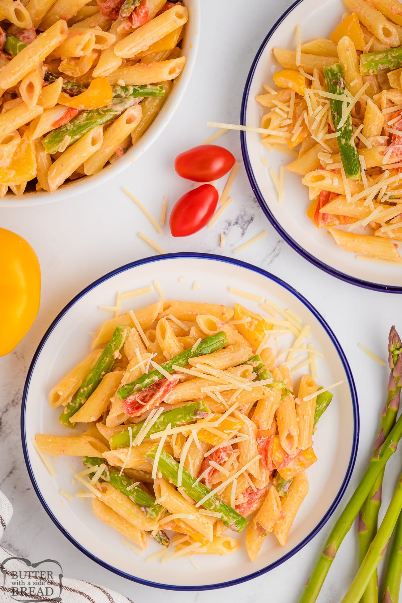 roasted vegetable pasta on plates