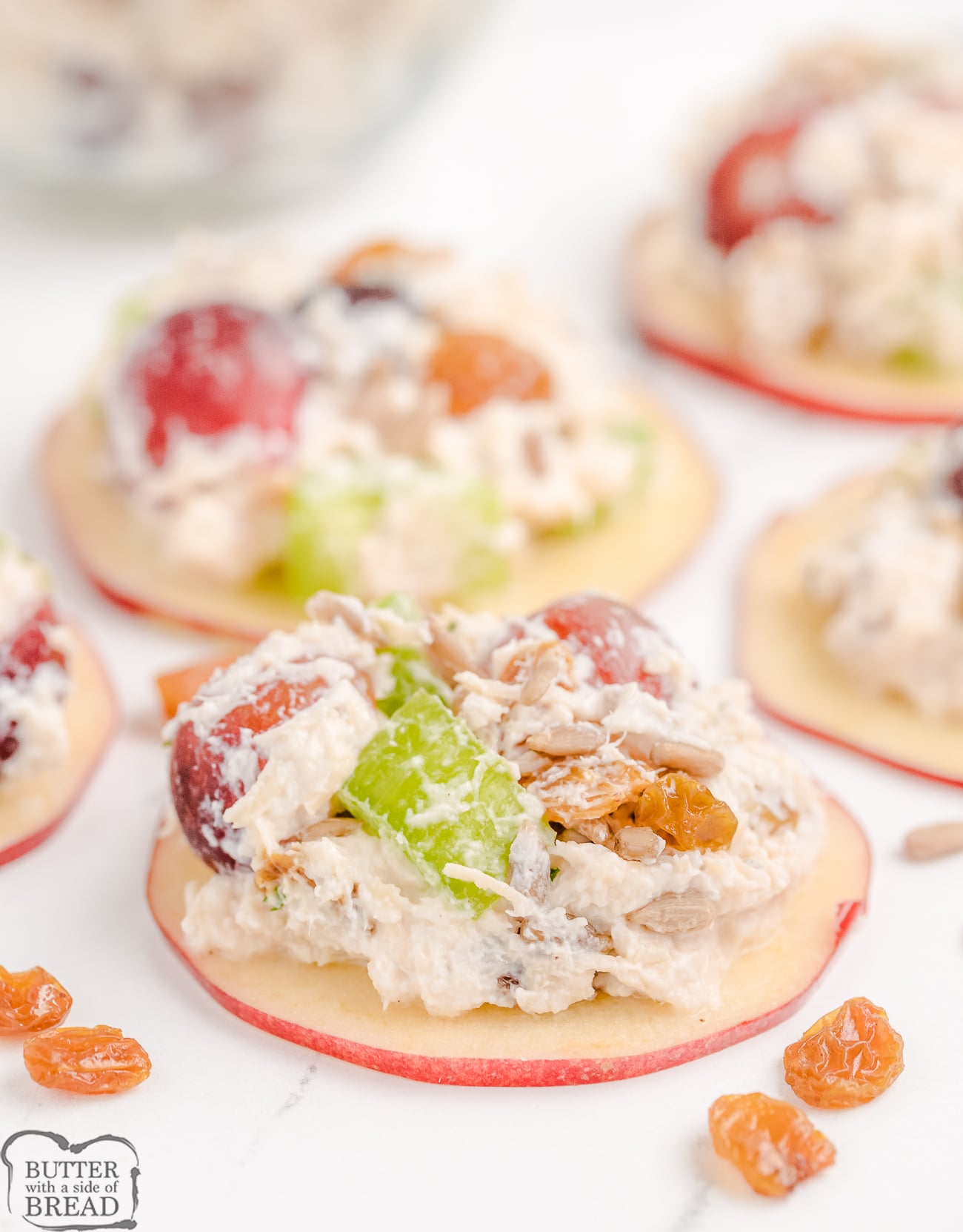 chicken salad on apple slices for lunch or a snack