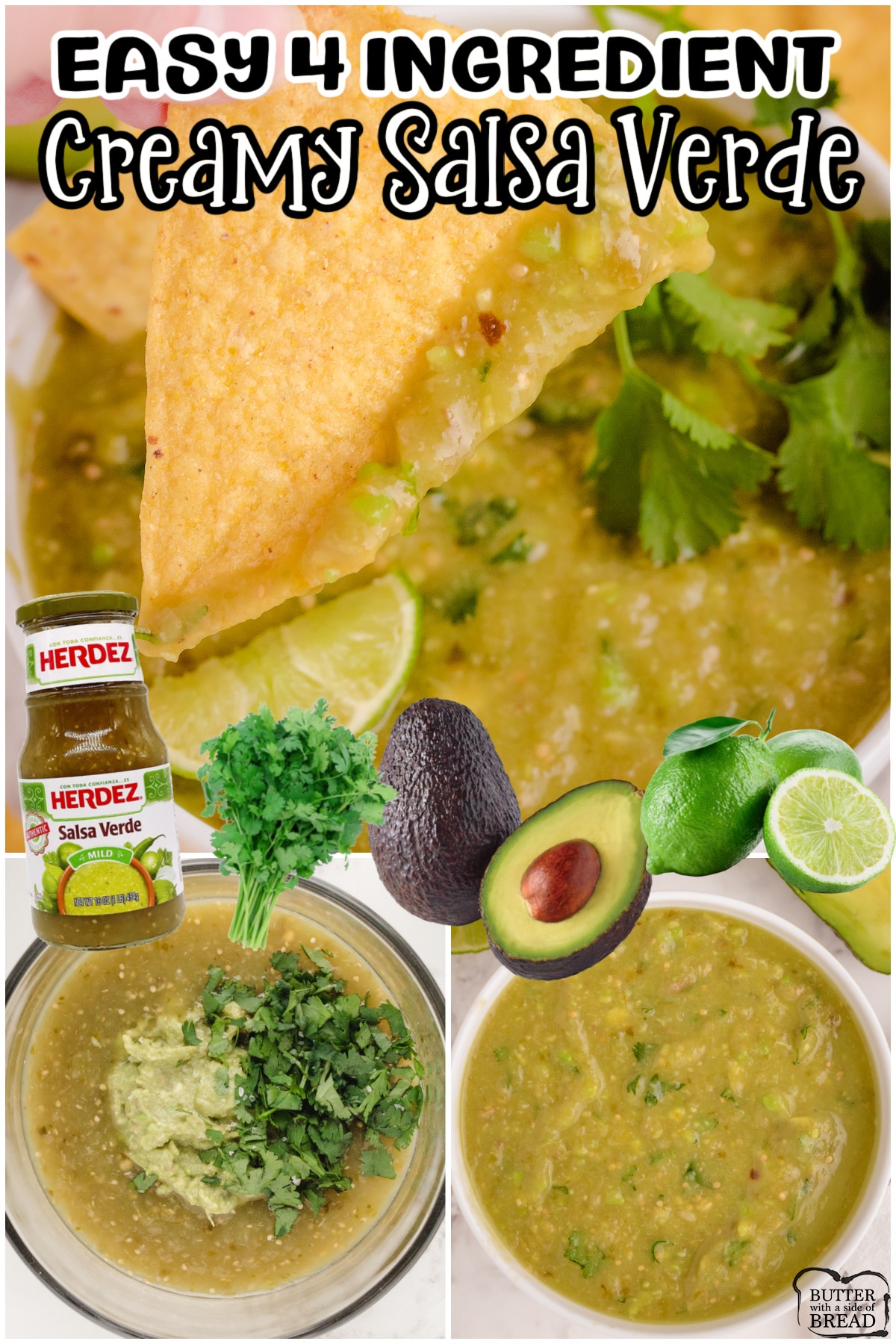 Creamy Salsa Verde made with 4 ingredients & is perfect to serve alongside tacos, enchiladas, or just eaten with chips! Creamy, tangy green salsa dip with bright fresh cilantro lime flavors that everyone goes crazy over! 