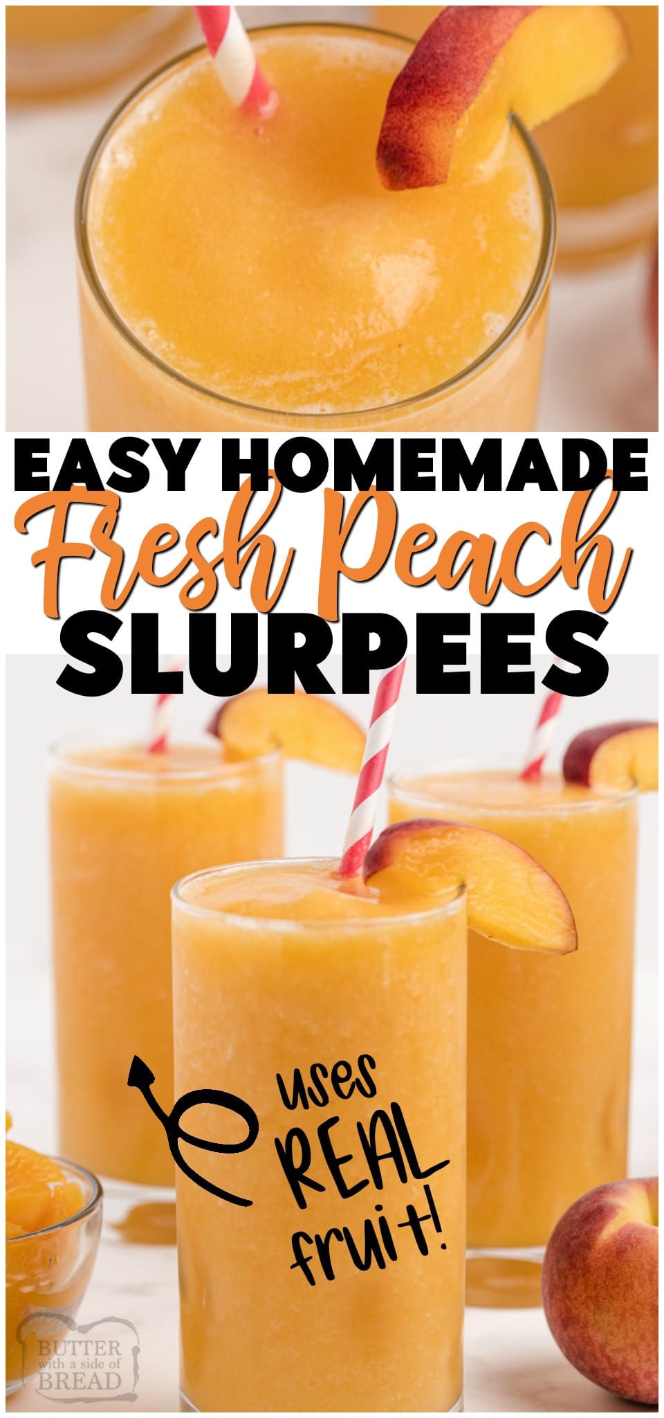 Homemade Peach Slurpees ~ only 3 ingredients & minutes to make! Combine fresh fruit, sugar (or substitute) and something to add some fizz & you've got your own Homemade Slurpees! 