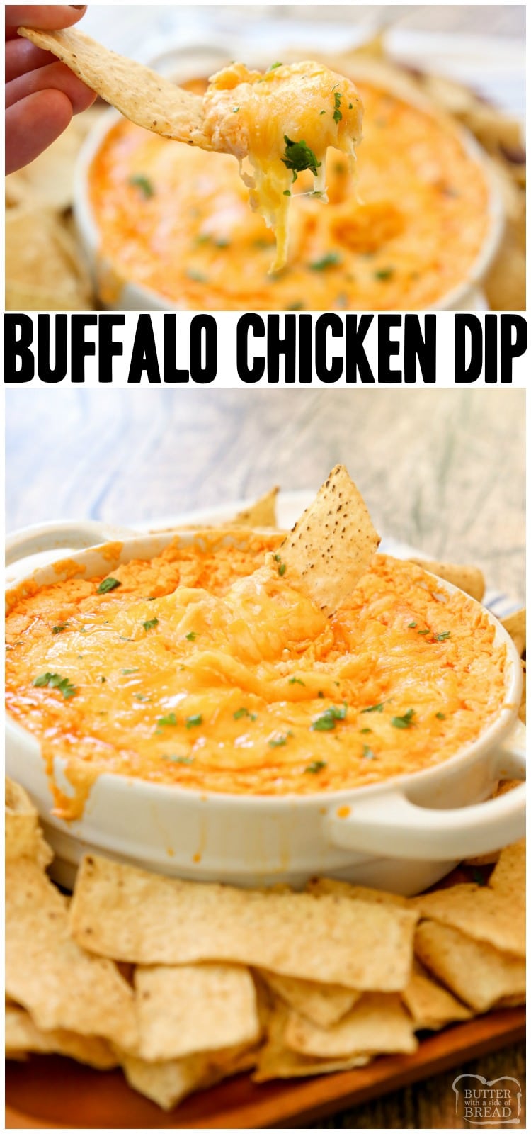 Easy Buffalo Chicken Dip Recipe made with 3 cheeses, juicy chicken and a flavorful Buffalo sauce makes an awesome chicken wing dip with a bit of a kick. Easy Buffalo Chicken Dip is an easy appetizer perfect for game day. #easybuffalochickendip #buffalochickendip #buffalosauce #chickenwingdip #buffalochickenrecipe #buffalochicken #spicychicken #chickendip #easyappetizer #recipefrom Butter With a Side of Bread