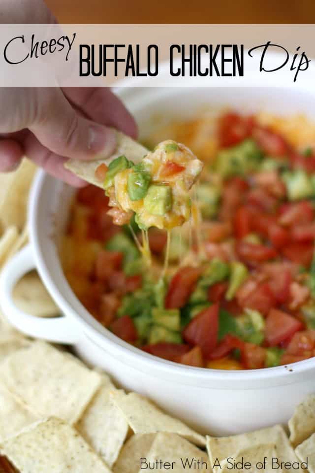 Cheesy Buffalo Chicken Dip made with 3 cheeses, juicy chicken and a flavorful Buffalo sauce with a bit of a kick! Easy #appetizer #recipe perfect for game day from Butter With A Side of Bread