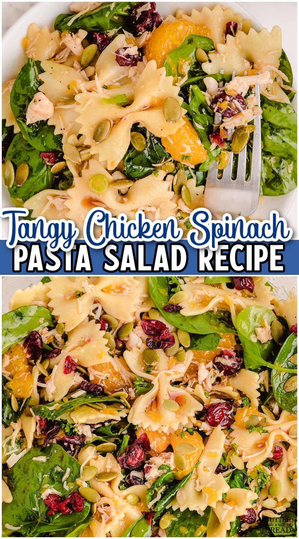 Spinach Chicken Pasta Salad made with rotisserie chicken, pasta, fresh spinach & tangy oranges then tossed with an easy teriyaki vinaigrette! Perfect summer salad with incredible flavor everyone loves!