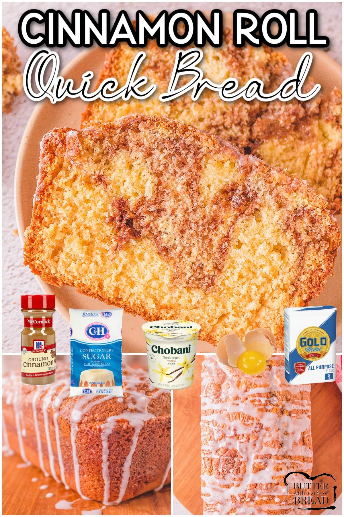 Easy Cinnamon Roll Quick Bread has all the delicious cinnamon roll flavors in an easy no-yeast bread recipe! Sweet  bread batter swirled with cinnamon sugar and topped with a simple vanilla glaze.
