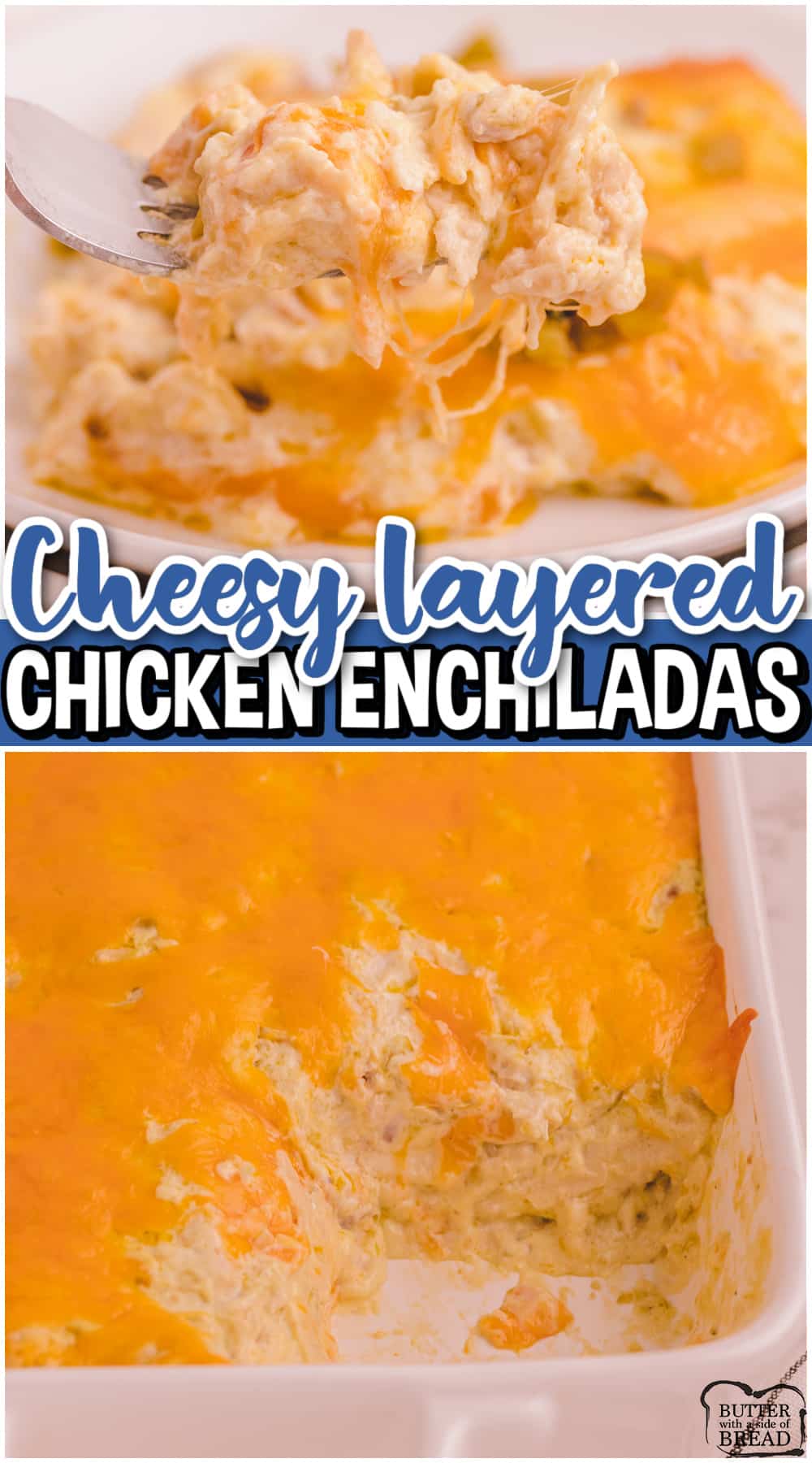 Layered Chicken Enchilada Casserole made easy by layering tortillas with a creamy, flavorful chicken mixture & cheese! Simple chicken enchiladas dinner that's perfect for busy weeknights!