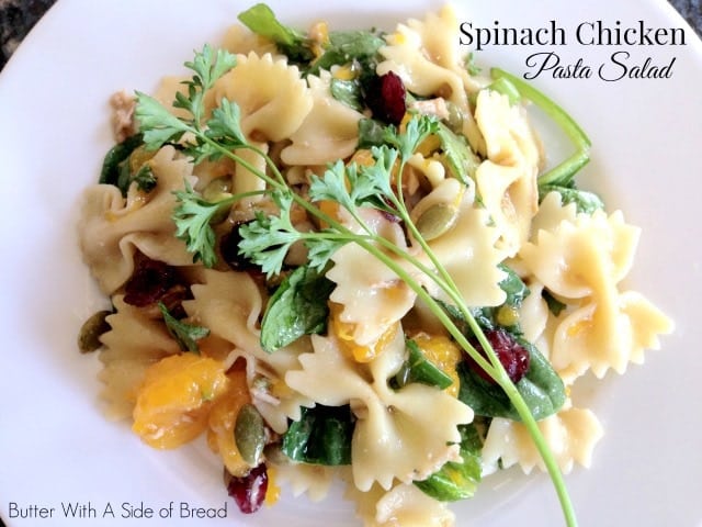 Spinach Chicken Pasta Salad with Easy Teriyaki vinaigrette that's perfect for summer dinners! Chicken Pasta Salad tossed with fresh spinach, oranges and cranberries.