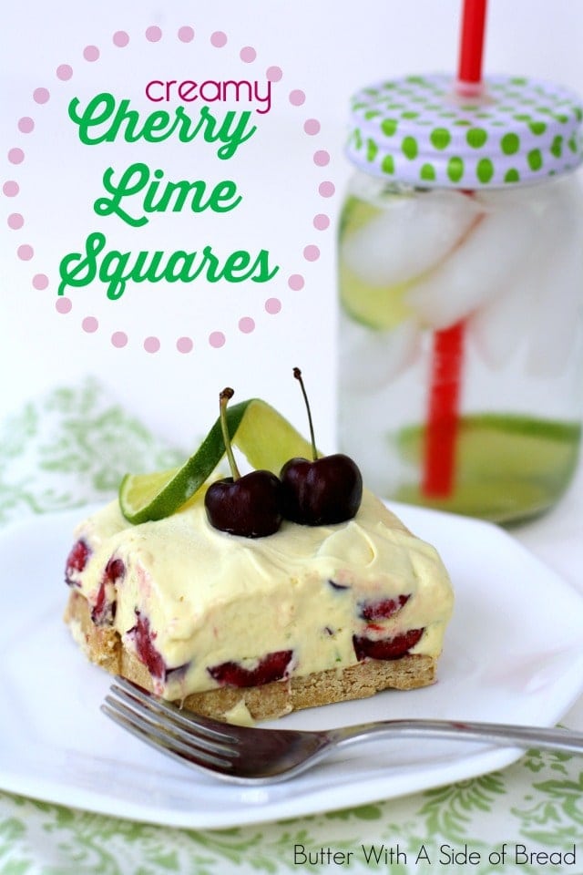 I had a Cherry Limeaid from Sonic not too long ago and I thought, wouldn't it be awesome if I made a dessert reminiscent of it?! These yummy little squares are sweet and refreshing and I adore the sliced cherries in them. They're a fantastic summer dessert!