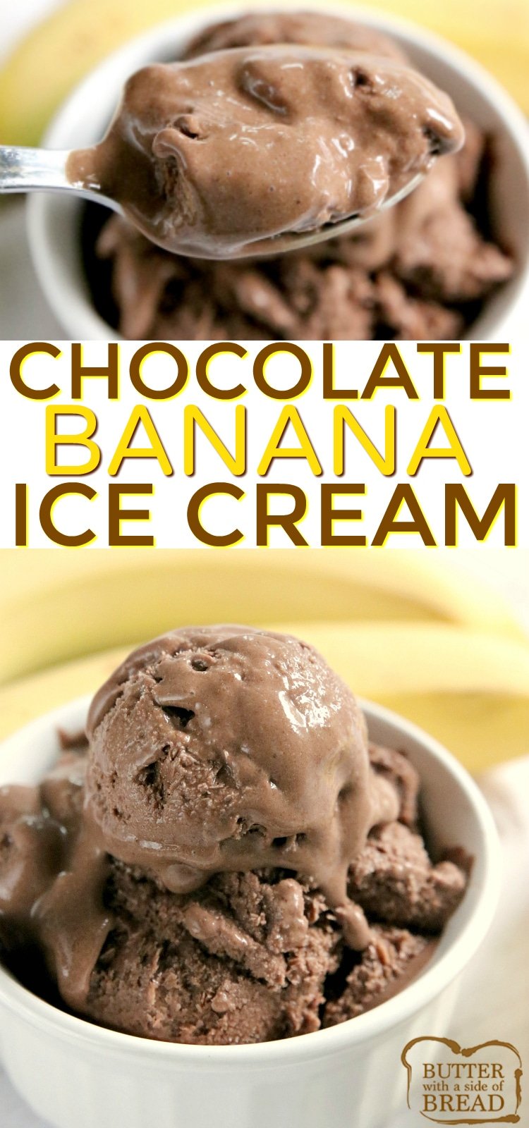 Chocolate Banana Ice Cream is made with only 4 ingredients and a blender - no ice cream maker required! This banana ice cream recipe is deliciously creamy, full of chocolate and so easy to make too! 