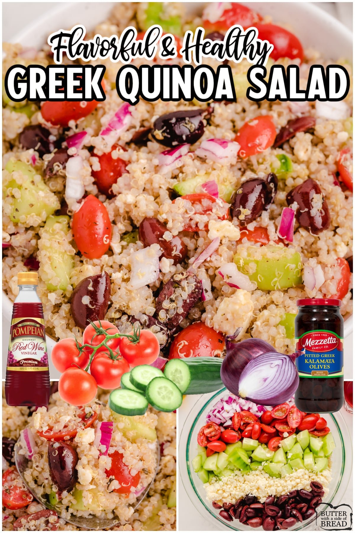Greek Quinoa Salad is a healthy, flavorful salad made with quinoa, cucumbers, feta, tomatoes & olives! This Mediterranean quinoa salad is a great side dish or lunch!