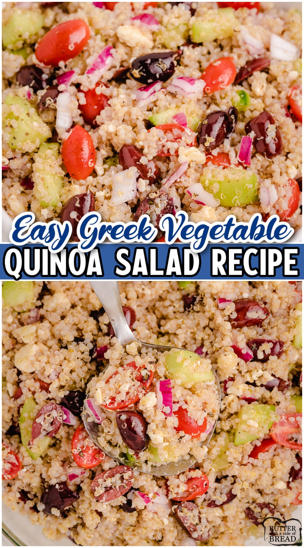 Greek Quinoa Salad is a healthy, flavorful salad made with quinoa, cucumbers, feta, tomatoes & olives! This Mediterranean quinoa salad is a great side dish or lunch!