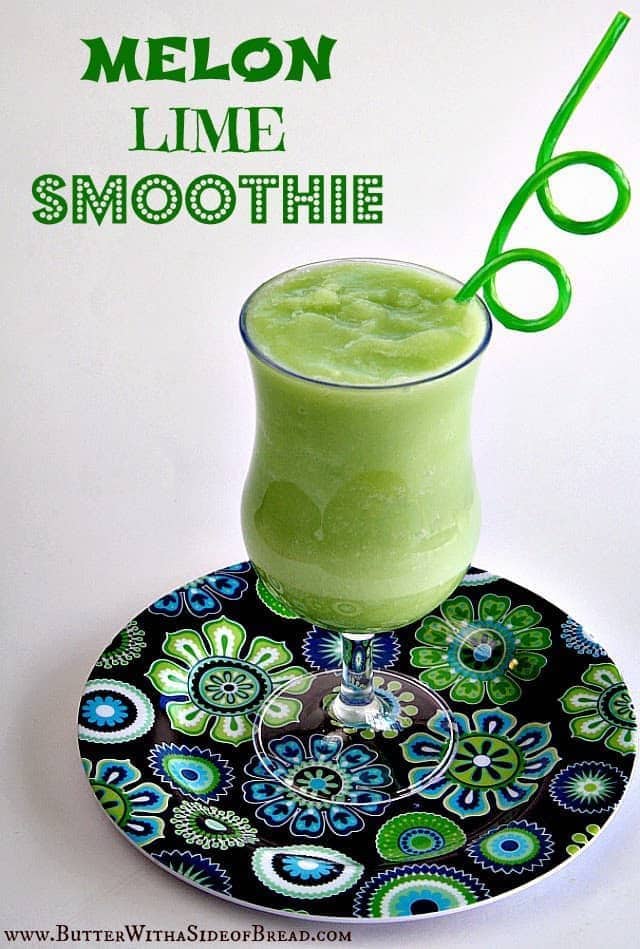 I love "green" smoothies (the kind full of spinach), but my kids won't drink them unless I use blueberries to turn them purple!  I've been trying to find a fun drink for St. Patrick's Day, so when I came across this recipe, I thought it would be perfect!  I'm usually not a huge fan of lime, but I loved this drink and my kids did too!