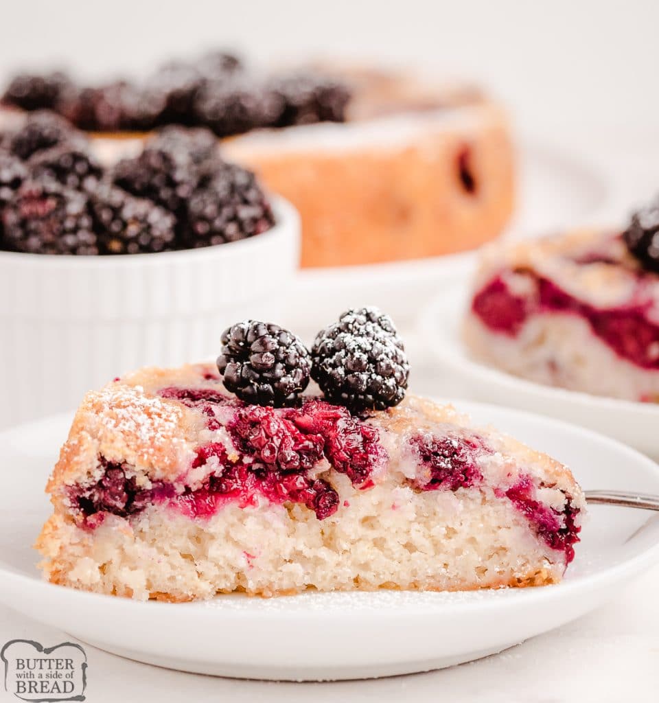 slice of blackberry cake on a plate