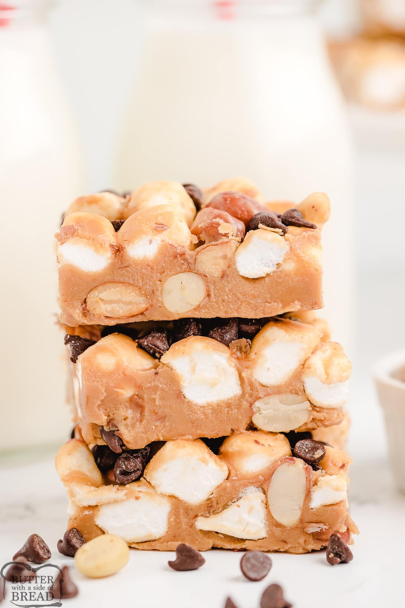 stack of peanut butter bars with marshmallows