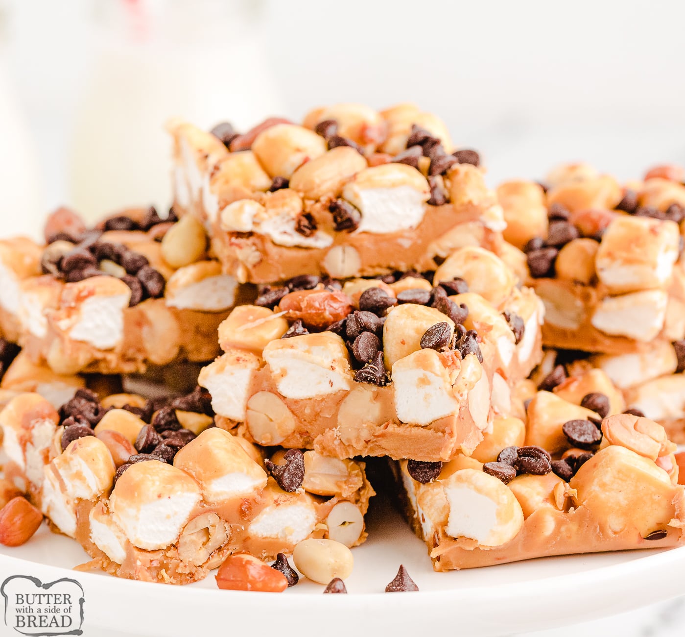 butterscotch peanut bars piled on a plate