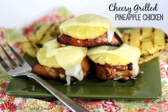 Cheesy Grilled Pineapple Chicken is tender & flavorful chicken with an easy marinade, then topped with grilled pineapple and a slice of jack cheese. 