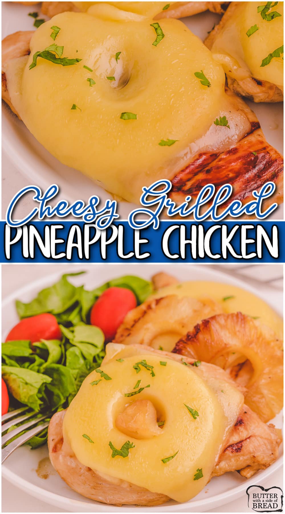 Cheesy Grilled Pineapple Chicken made with an easy marinade & topped with grilled pineapple and a slice of jack cheese. Tender, juicy grilled chicken recipe with fantastic flavor!