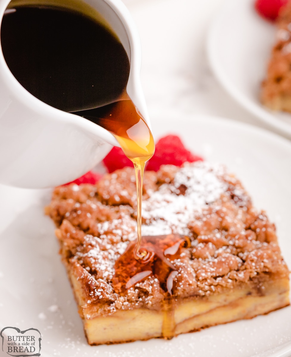 pouring syrup on French Toast Bake