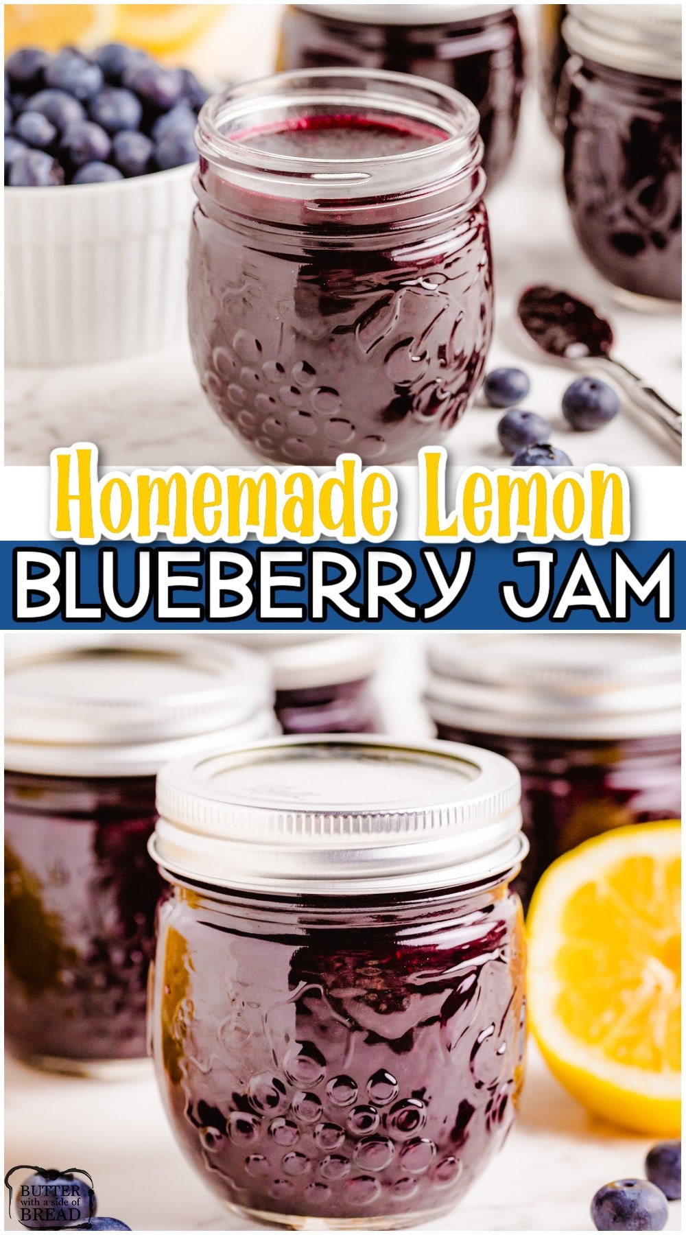 Lemon Blueberry Jam made easy with blueberries, juice, sugar, pectin and a lemon. Delightfully bright, sweet homemade jam that's the perfect addition to your morning toast and biscuits.