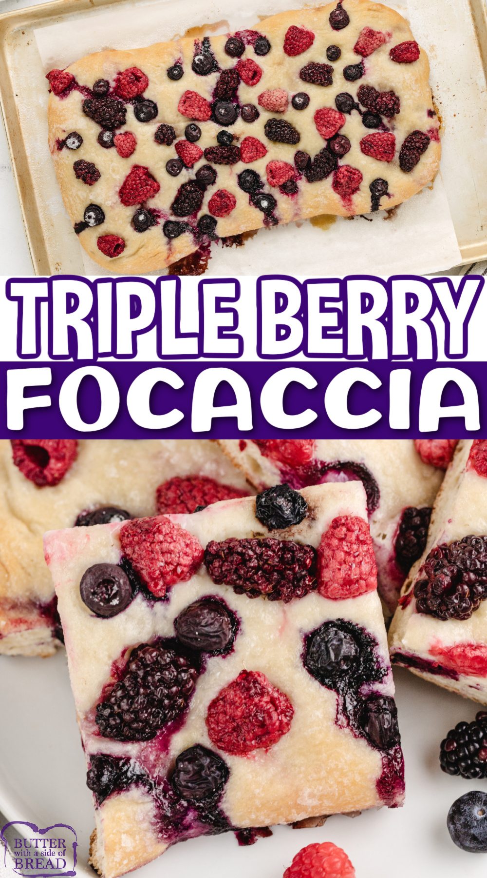 Triple Berry Focaccia is made with fresh berries and premade bread dough. Only 5 ingredients to make this unique bread that is perfect for breakfast or dessert!
