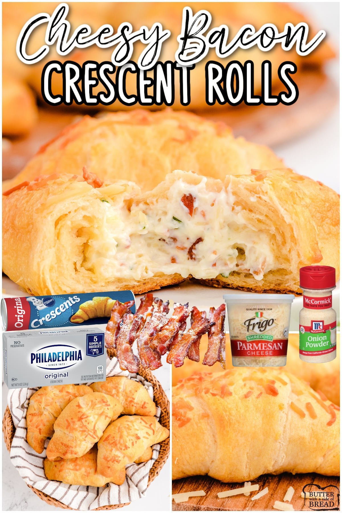 Cheesy Bacon Crescents made with a handful of ingredients & perfect savory bread to serve alongside dinner or as an appetizer! Cheesy bacon crescent rolls made & devoured in minutes!