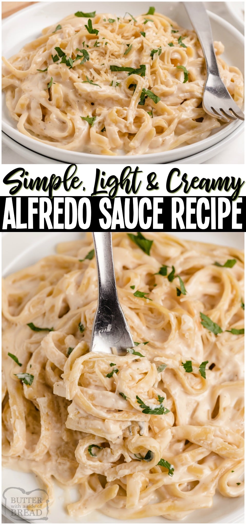 Light Fettuccine Alfredo Pasta is a family favorite dinner featuring our super simple Alfredo sauce recipe! Creamy Alfredo with a fraction of the fat & calories and all the flavor!