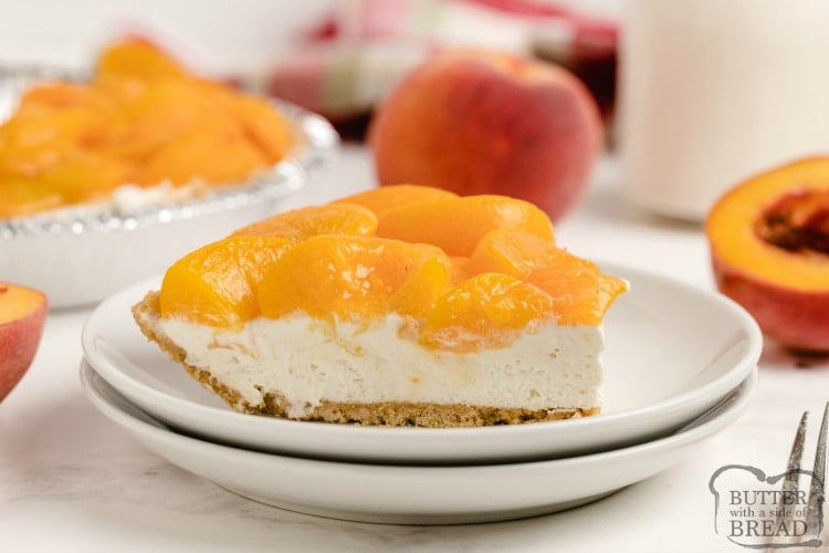 Slice of no bake cheesecake recipe with peaches