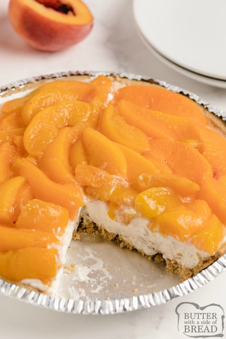 No Bake Peaches and Cream Pie is one of my favorite summer desserts with fresh peaches. The no-bake cheesecake filling in a graham cracker crust is topped with a simple peach sauce mixed with fresh peaches.