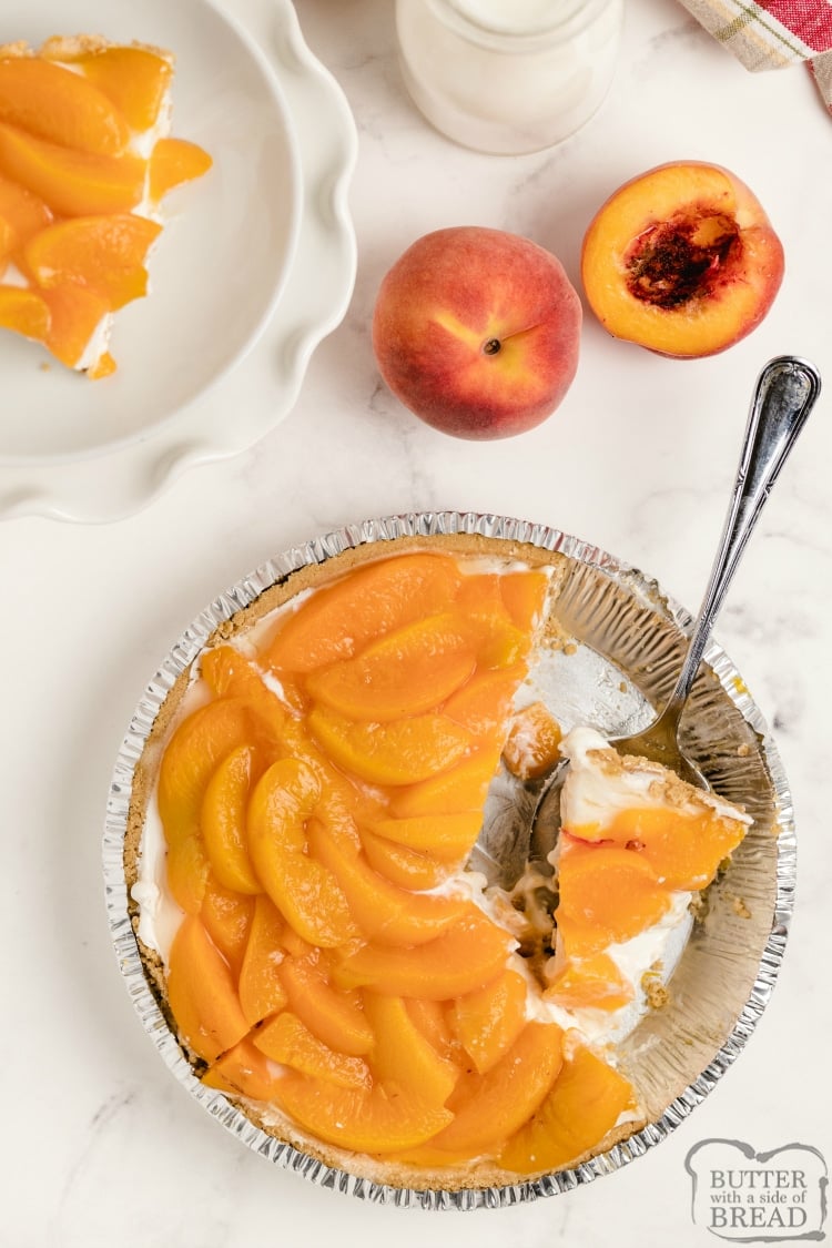 No Bake Peaches and Cream Pie is one of my favorite summer desserts with fresh peaches. The no-bake cheesecake filling in a graham cracker crust is topped with a simple peach sauce mixed with fresh peaches.