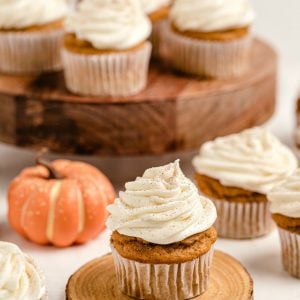 Pumpkin Spice Cupcakes with Cream Cheese Frosting are the perfect little treats for celebrating Fall! Easy recipe that starts with yellow cake mix and yields soft, moist perfectly spiced pumpkin cupcakes! 