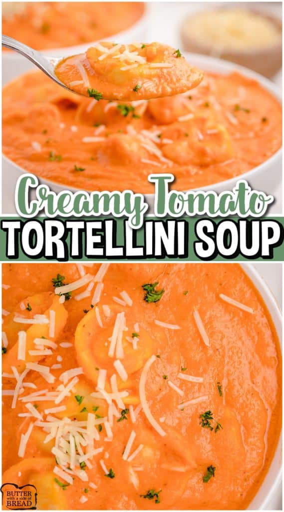 Creamy Tomato Soup with Tortellini is a flavorful homemade soup loaded with veggies! Cheese tortellini added to creamy tomato soup & topped with cheese for a warm, comforting dinner. 