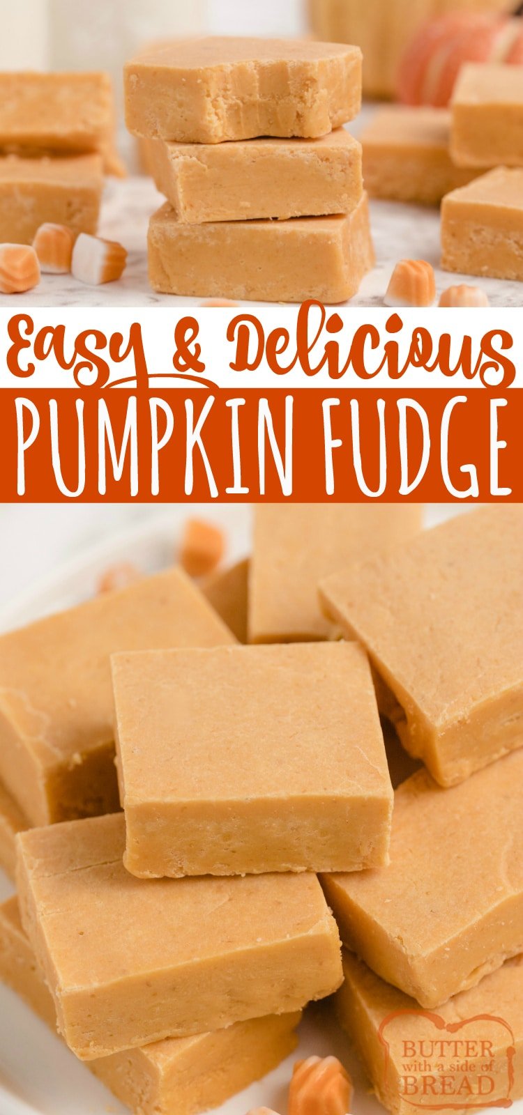 Easy Pumpkin Fudge made with pumpkin, cinnamon chips, marshmallow creme and a few other basic ingredients. One of our favorite fall candy recipes!