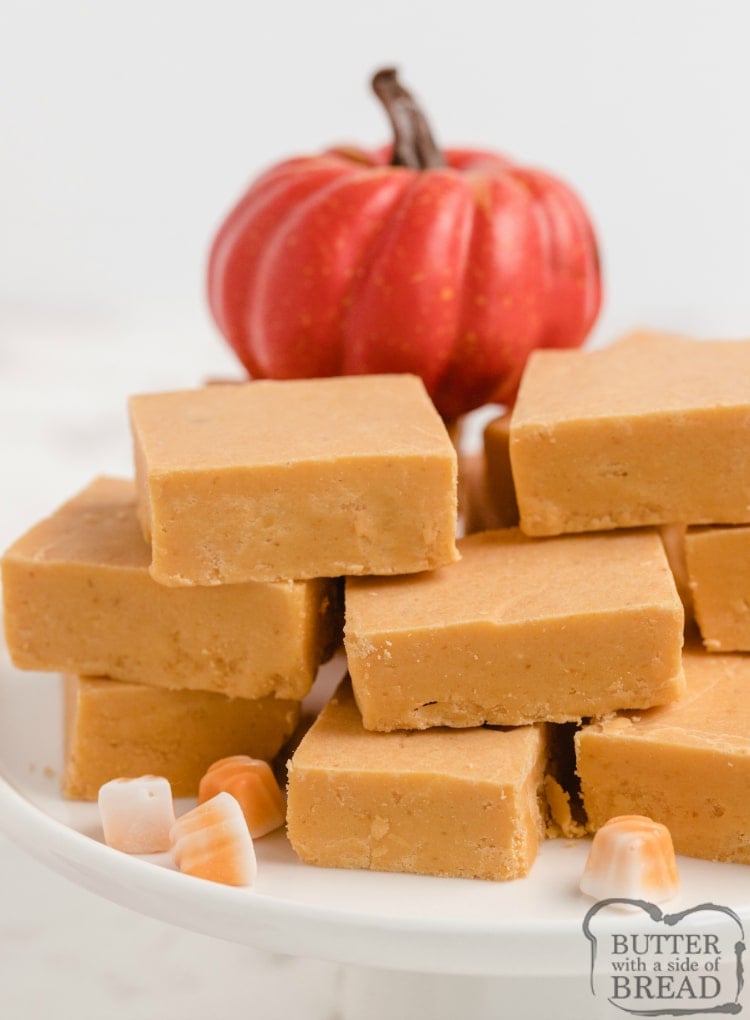 Easy Pumpkin Fudge made with pumpkin, cinnamon chips, marshmallow creme and a few other basic ingredients. One of our favorite fall candy recipes!