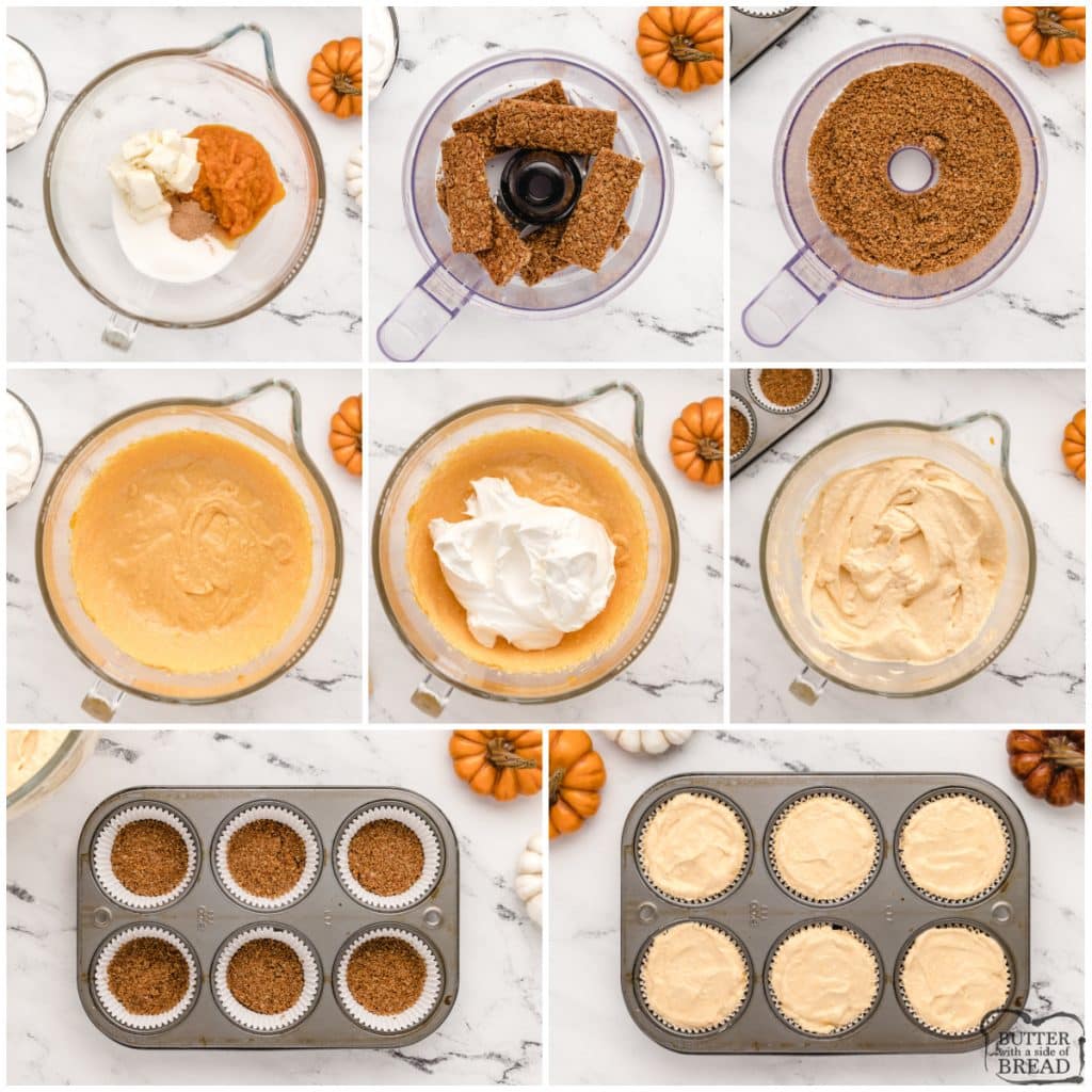 Step by step instructions on how to make mini no bake pumpkin cheesecakes
