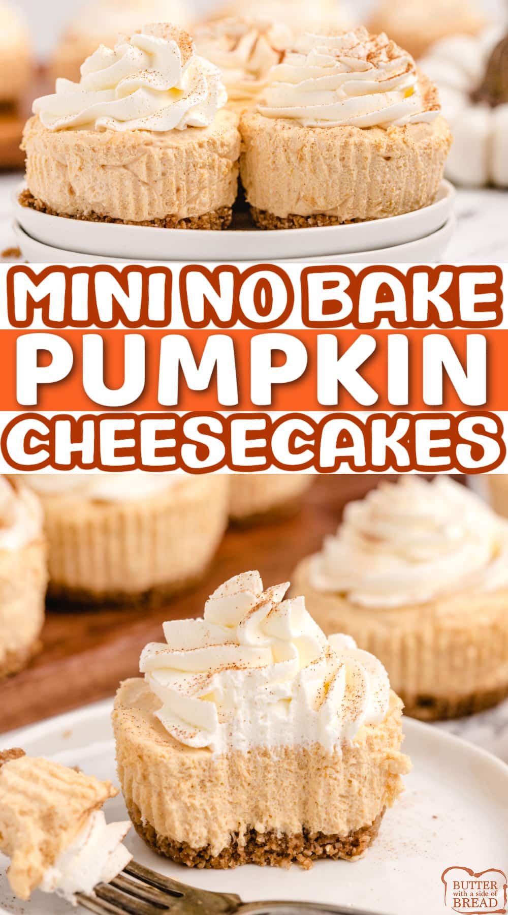 Mini No Bake Pumpkin Cheesecakes are the perfect fall dessert! Made with a simple granola bar crust and a delicious pumpkin filling made with only 5 ingredients. 