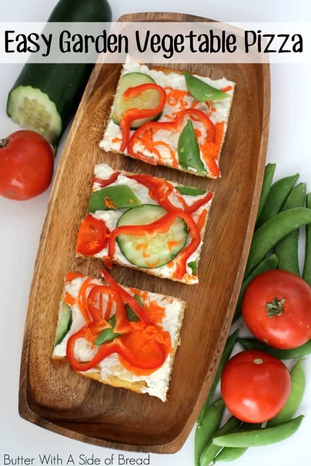 Garden Pizza has a delicious homemade pizza crust topped with fresh cut vegetables from the garden. A simple and colorful pizza that tastes great and helps you use up some of that bountiful harvest you’ve got growing.
