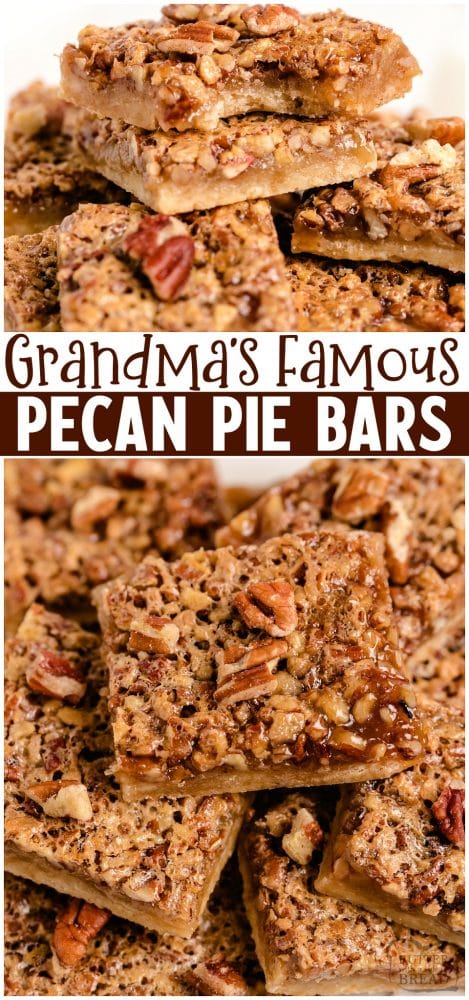 Pecan Pie Bars are easy to make & taste better than pecan pie! SERIOUSLY! With pecans, brown sugar and butter, it’s a family favorite at Thanksgiving. 