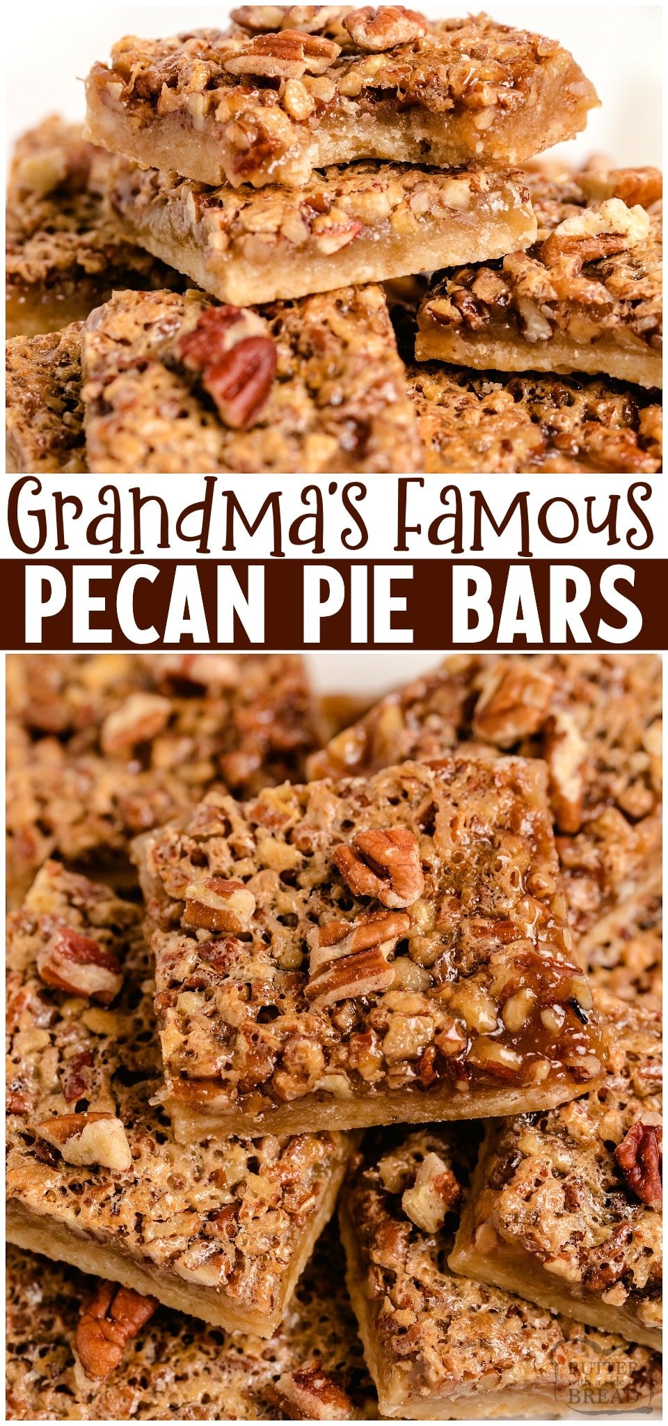 Pecan Pie Bars are easy to make & taste better than pecan pie! SERIOUSLY! With pecans, brown sugar and butter, it’s a family favorite at Thanksgiving. 