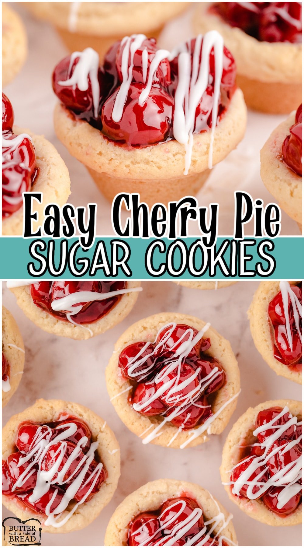 Cherry pie cookies are a delicious cherry pie filled sugar cookie cup covered in a white chocolate drizzle. They’re soft, sweet, and a delicious way to satisfy your cherry pie cravings.