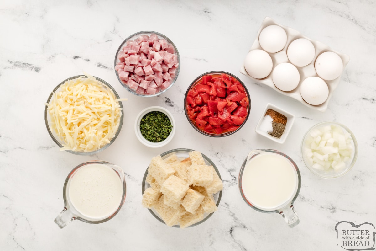 Ingredients in Ham and Cheese Breakfast Casserole.