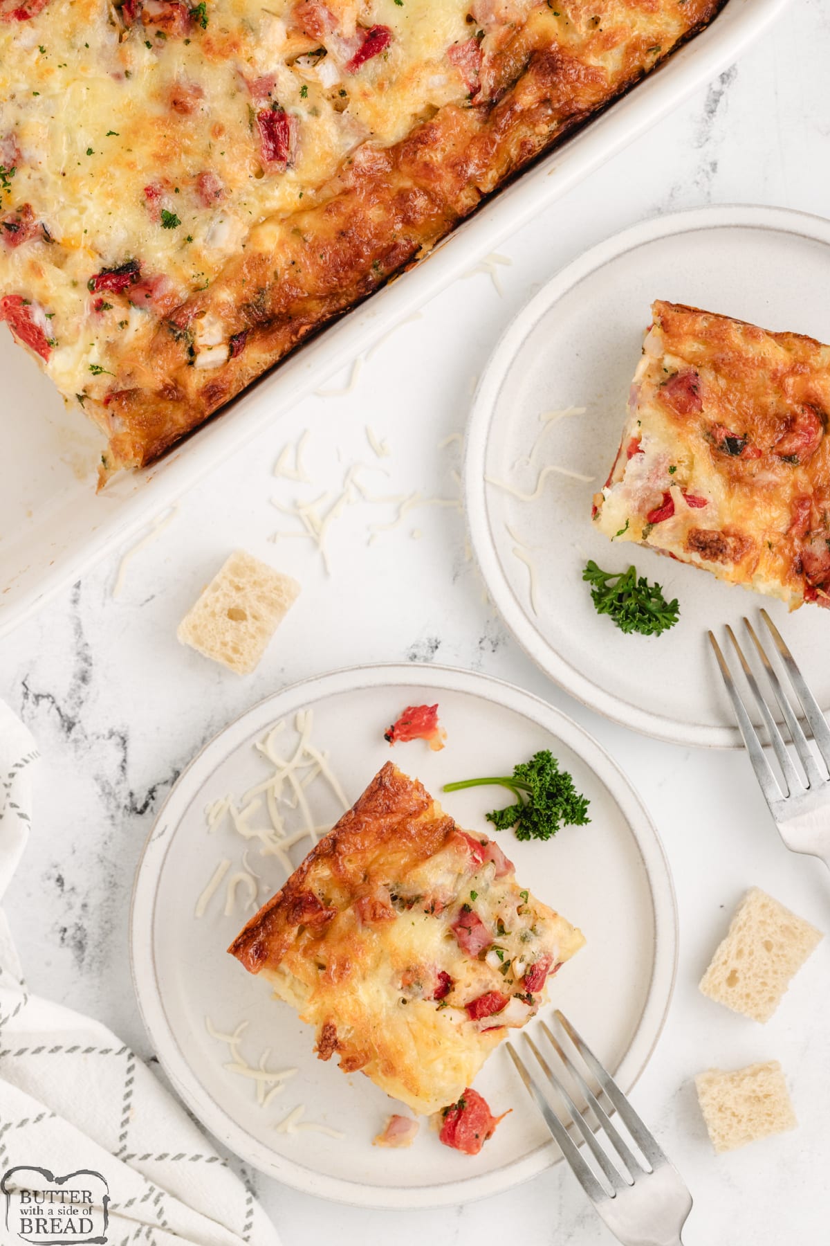 Ham and Cheese casserole recipe with roasted red peppers and parsley. 