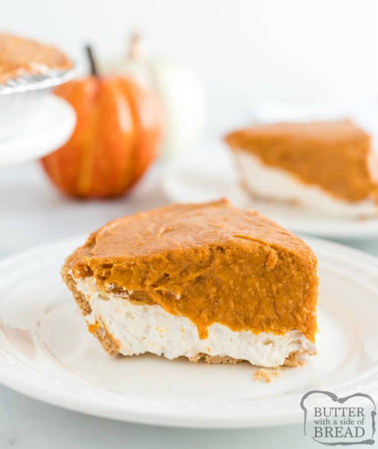 No Bake Pumpkin Pie is made with a graham cracker crust, a cream layer and a delicious pumpkin layer on top. This easy pumpkin pie recipe takes less than 5 minutes to make and no baking is required! 