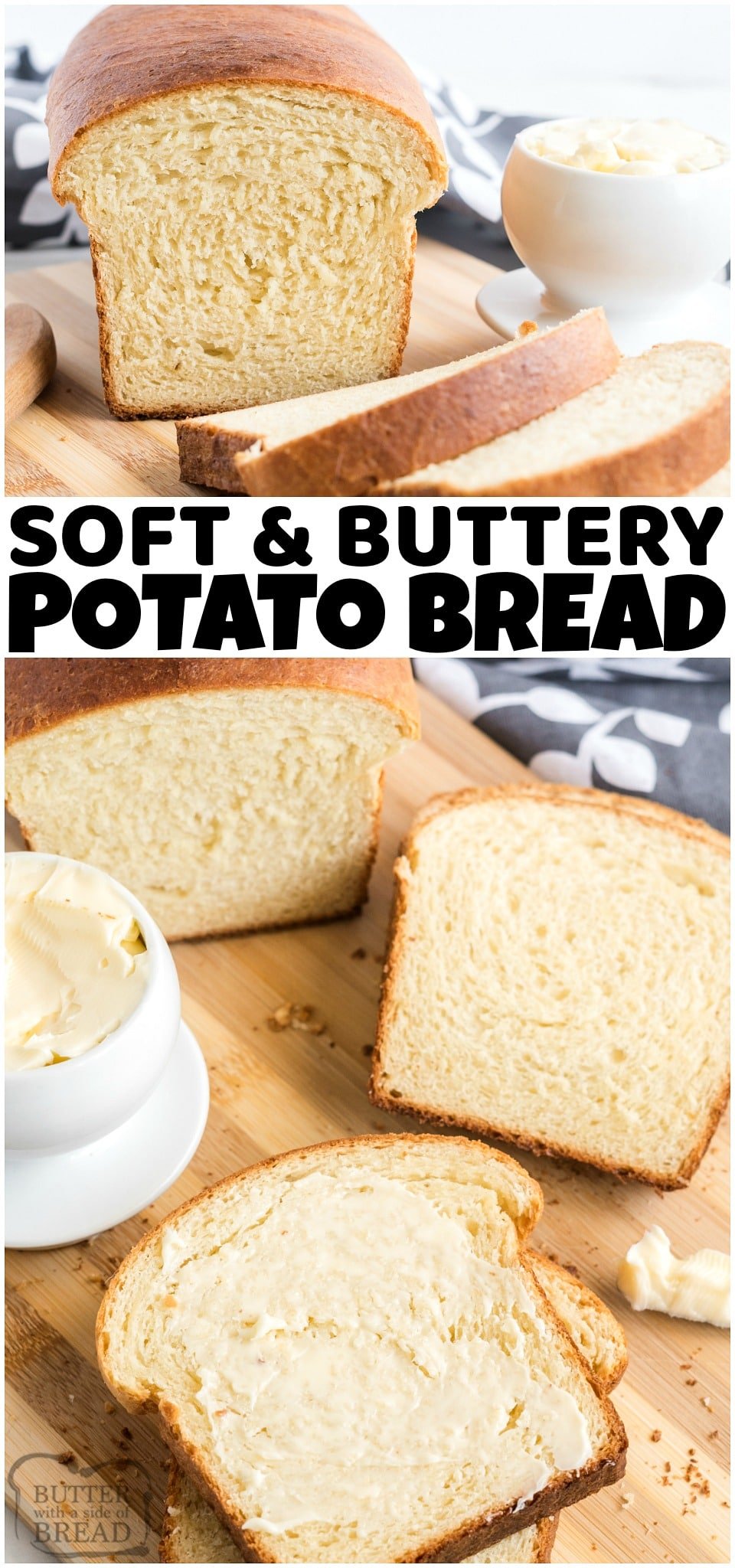 Potato Bread made with mashed potatoes, butter, milk, flour, eggs, and yeast. Potato Bread recipe is a family favorite that's easy to make & has a fantastic homestyle flavor! #bread #homemade #baking #potatoes #mashedpotatoes #potatobread #recipe from BUTTER WITH A SIDE OF BREAD