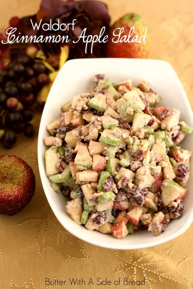 This Waldorf Salad is the perfect accompaniment to your Thanksgiving table. Made with diced green & red apples, celery, dried cranberries and walnuts topped with a cinnamon vanilla greek yogurt dressing it’s sweet, light and the perfect addition to compliment the other dishes.