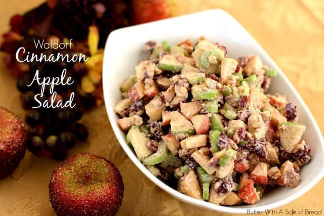 Waldorf Salad made with diced green & red apples, celery, dried cranberries and walnuts topped with a cinnamon vanilla greek yogurt dressing.