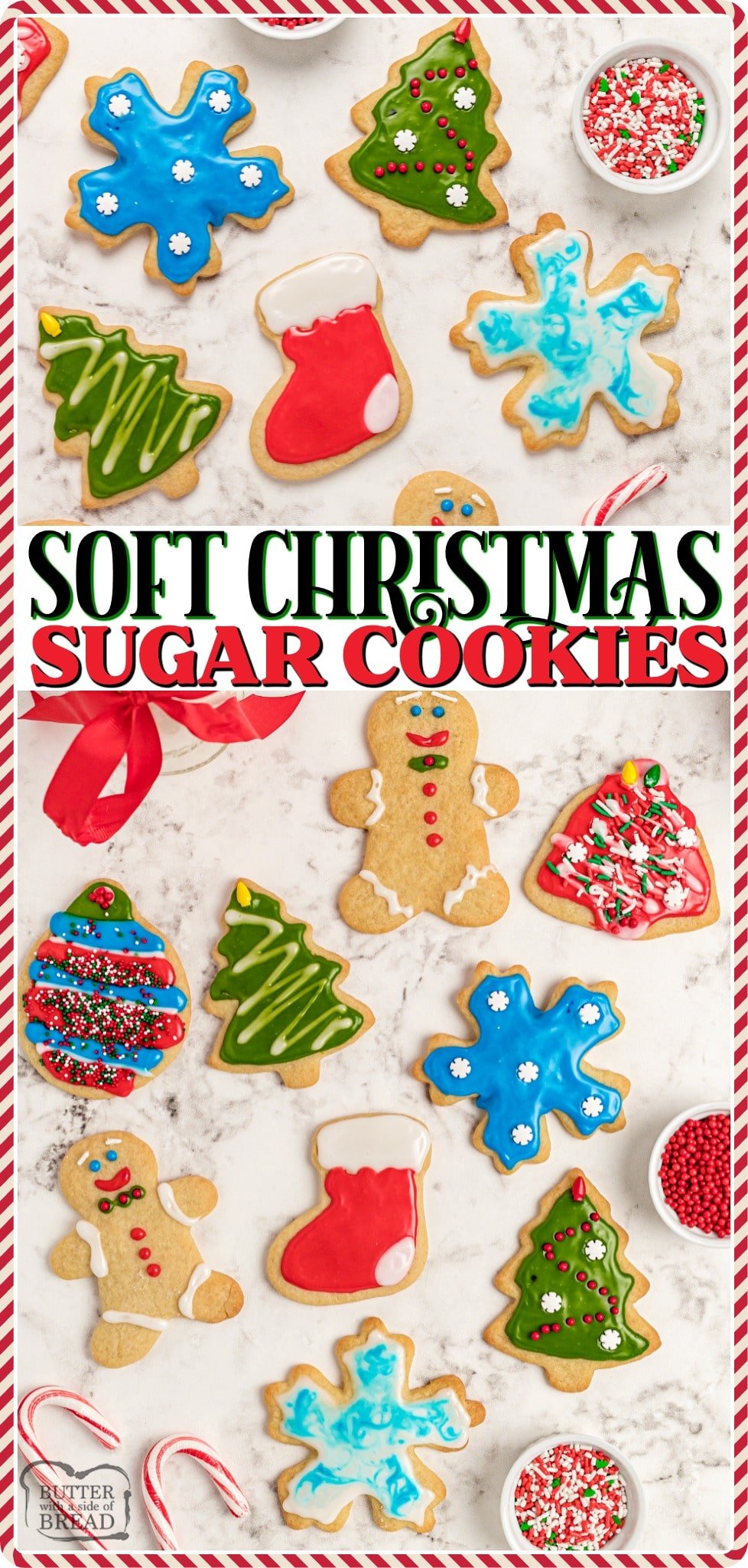 Soft Christmas Sugar Cookies made with classic ingredients & frosted with a simple Royal icing. Perfect holiday Sugar Cookie recipe for festive Christmas cut out cookies!