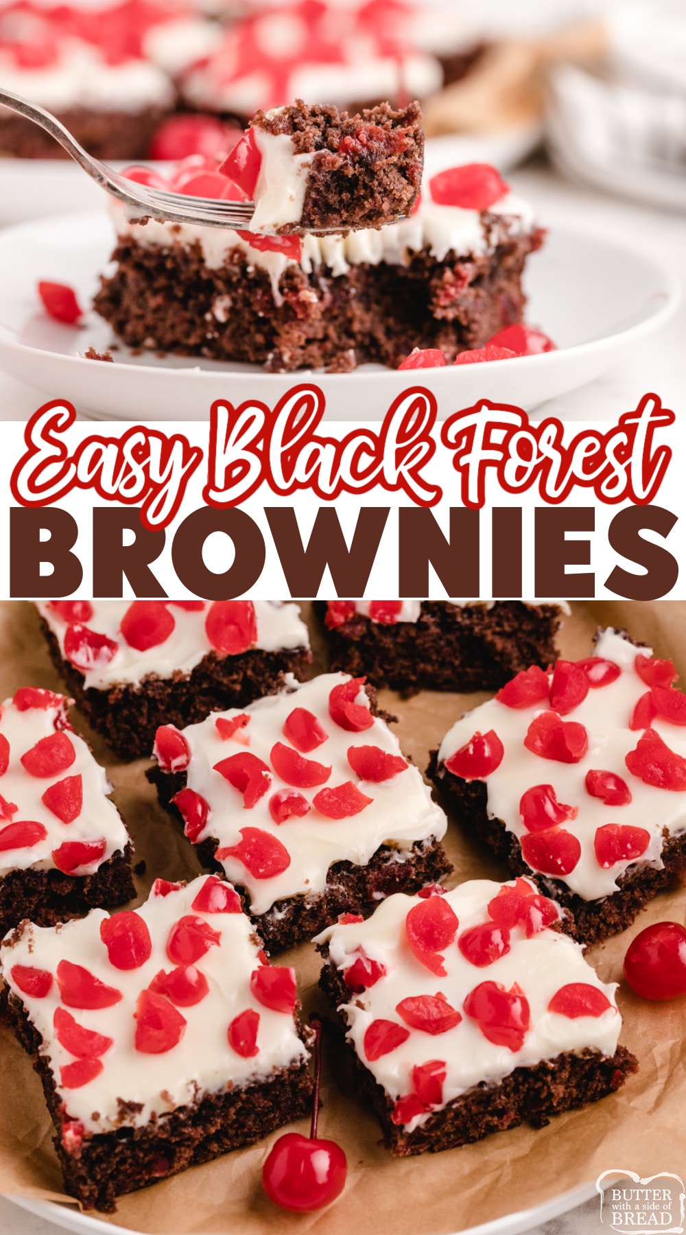 Easy Black Forest Brownies made with a brownie mix, a simple homemade frosting and chopped maraschino cherries. Simple brownie recipe that combines chocolate and cherry in a delicious way. 
