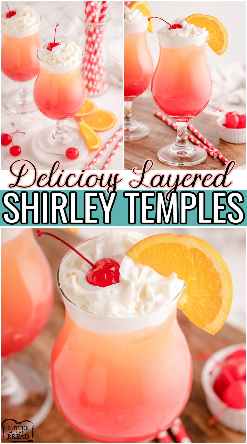Layered Shirley Temples are a simple twist on a classic mocktail that everyone loves! 7-Up, Grenadine & Orange Juice combine for a fun & flavorful fancy drink perfect for the holidays!
