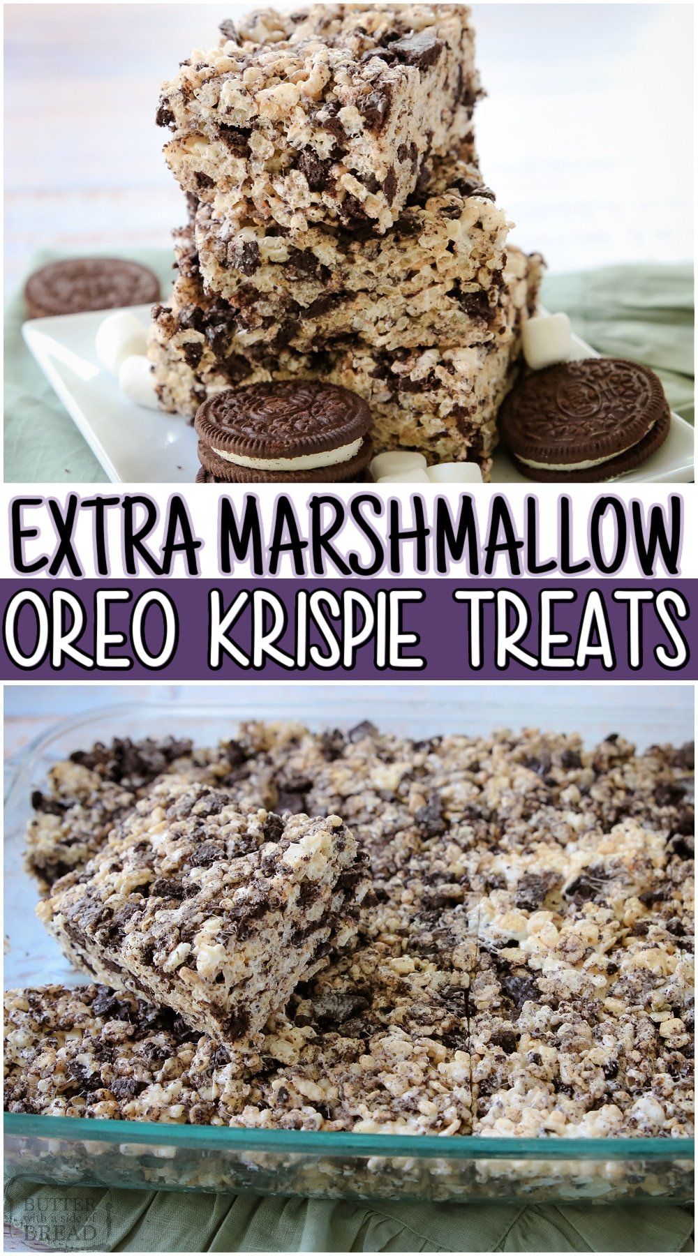 Oreo Krispie Treats are two favorites combined into one tasty marshmallow dessert! Cookies and Cream Rice Krispie Treats are soft & chewy with tons of marshmallows and crushed OREO cookies! #OREO #KRISPIES #Marshmallows #dessert #nobake #easyrecipe from BUTTER WITH A SIDE OF BREAD