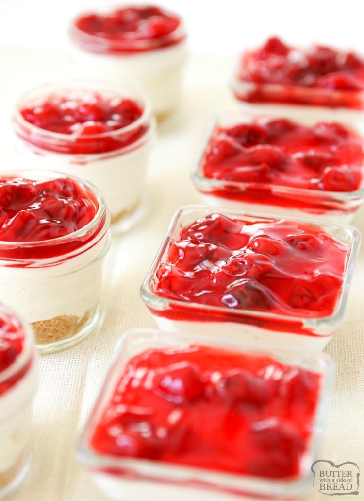 White Chocolate Cherry Cheesecakes are sweet & creamy no-bake cheesecakes topped with tangy cherry pie filling. Simple, easy to make cheesecake desserts perfect for entertaining! 